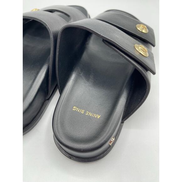 Anine Bing Ella Black Leather Slides with Gold Detail Size 6 - Picture 10 of 13